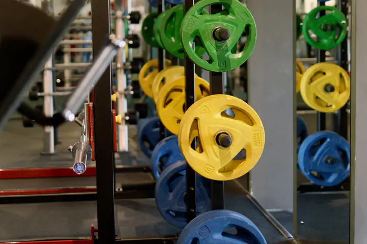 Colour-coded weight plates stacked on a plate tree