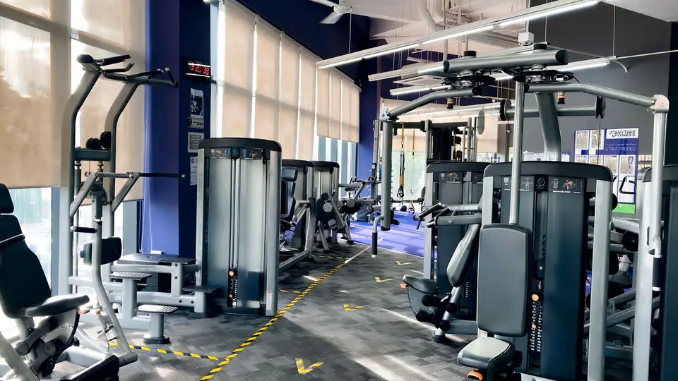 Row of pin-loaded strength machines along the windows of a gym