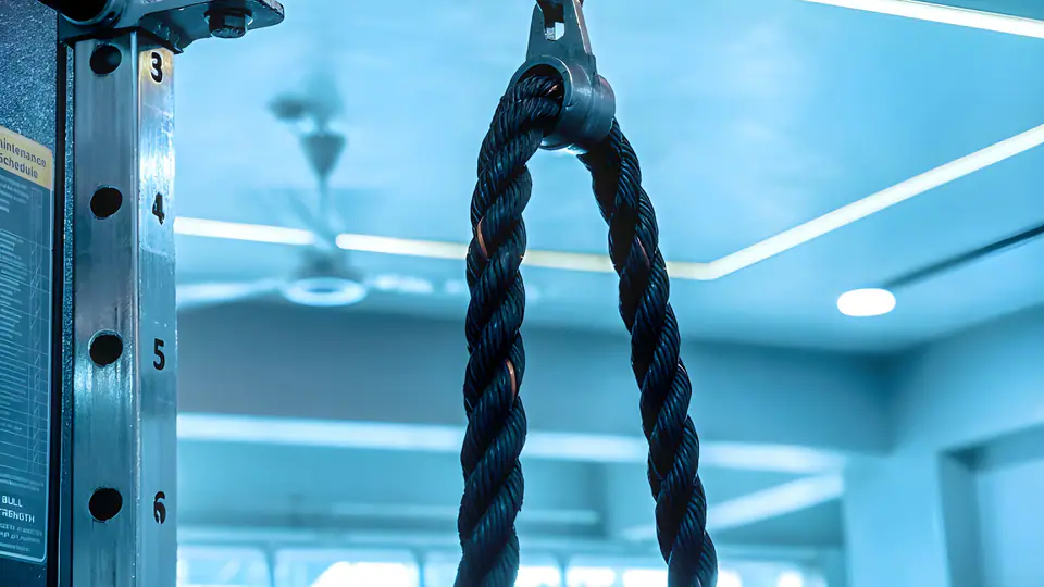 Triceps rope attachment hanging from a cable pulley