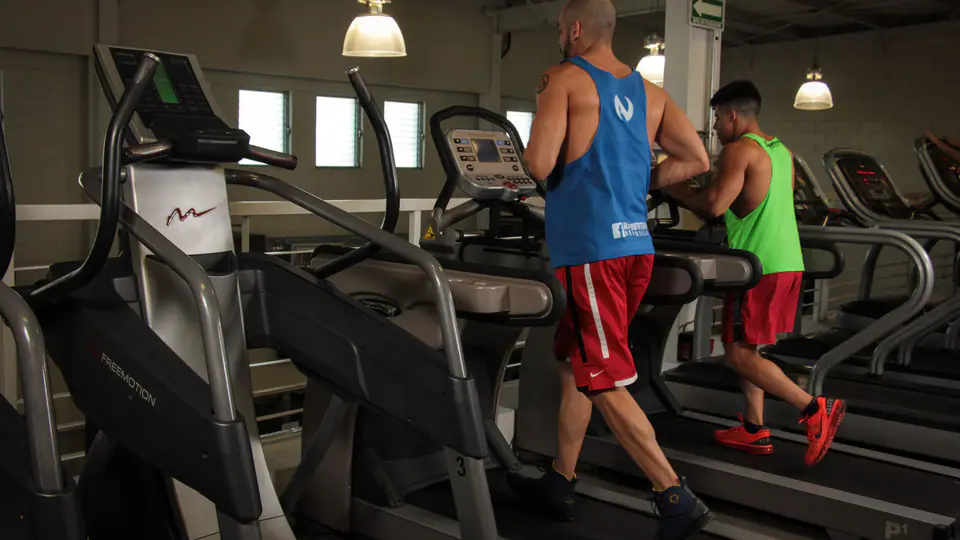 Two men walking on treadmills in a gym