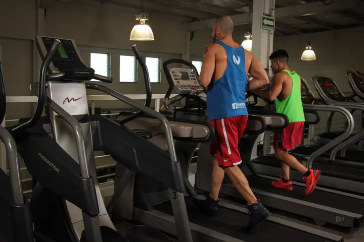 Two men walking on treadmills in a gym