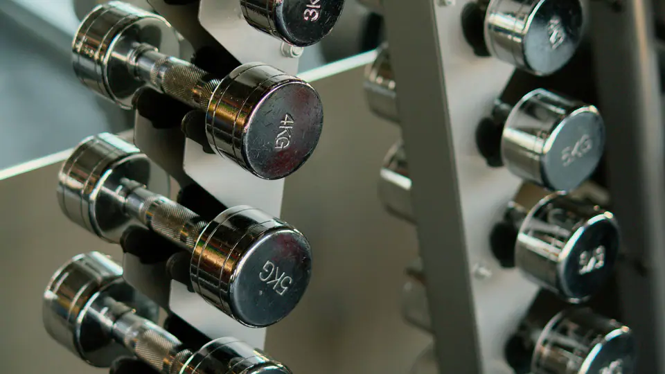Chrome dumbbells in ascending weights on a vertical rack