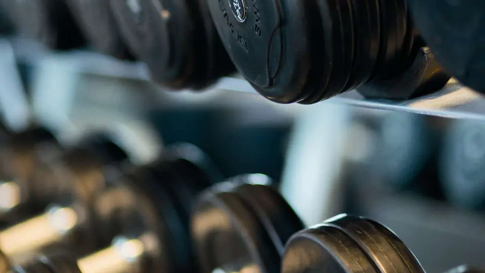 Round dumbbells on a rack, photographed close up