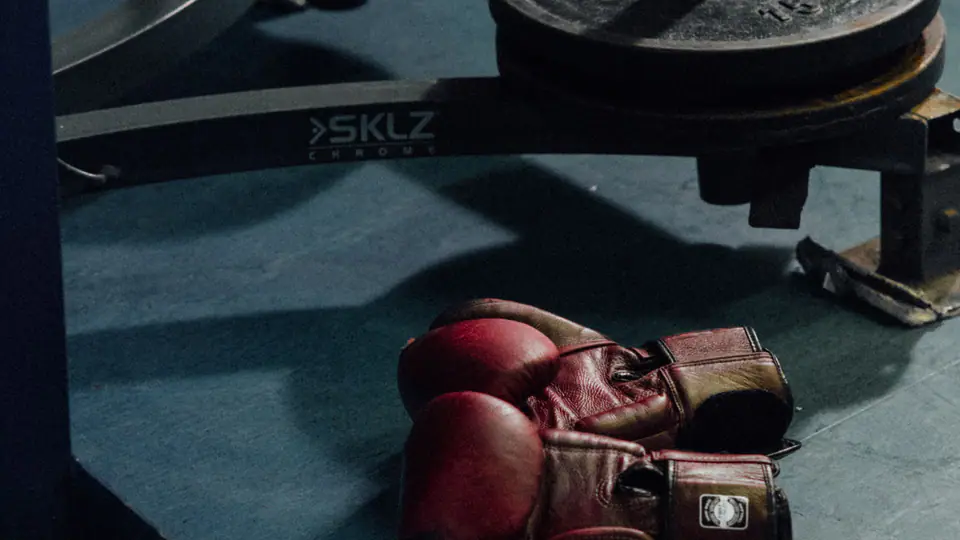 Boxing gloves on the floor beside a plate-loaded storage stand